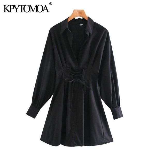 

kpytomoa women chic fashion with drawstring tied pleated mini dress vintage long sleeve back zipper female dresses mujer 210409, Black;gray