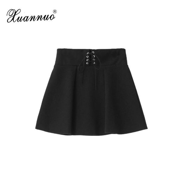 

skirts xuannuo women ball gown skirt solid lace-up mini ladies casual wool high waist fashion 2021 elegant femininas s6046, Black