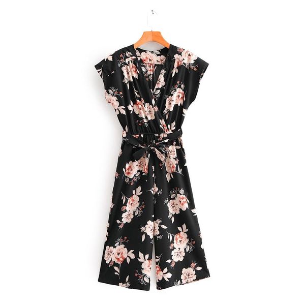 

women elegant temperament jumpsuits sleeveless v neck with sash wide leg pants one piece rompers high waist women's &, Black;white