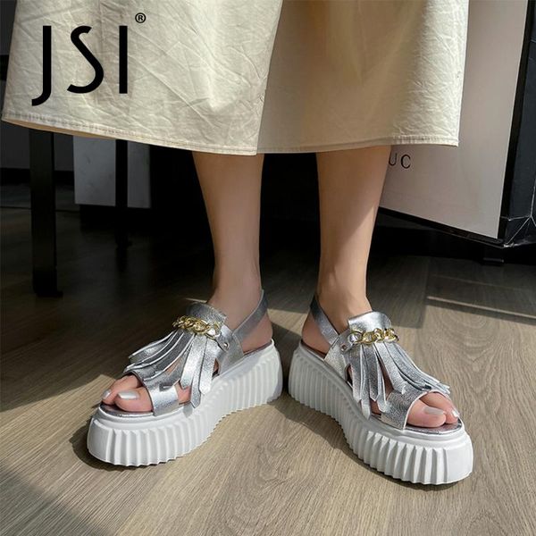 

sandals jsi women shoes summer genuine leather platform round toe casual comfortable dressing fringe fashionable 2021 vo276, Black