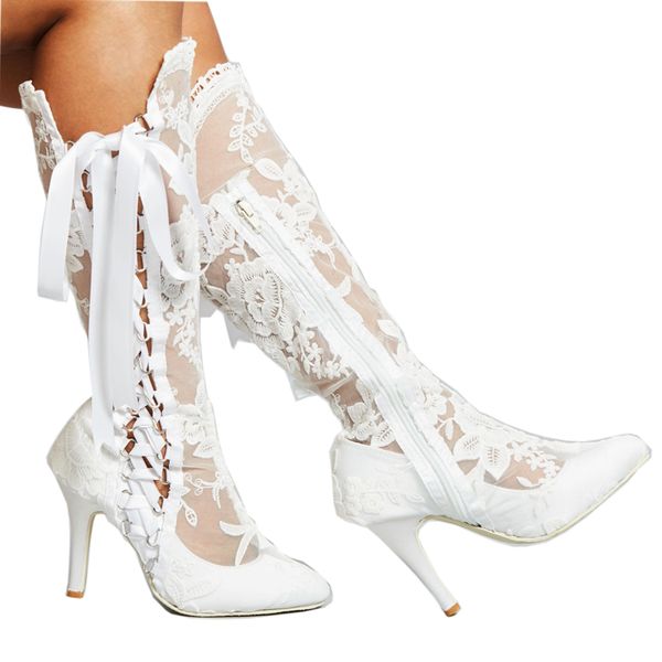 Kadın Moda Beyaz Çiçek Dantel Gelin Çizmeler Diz-Yüksek Şerit Yay Ile Özel Yapılan Ayakkabı Düğün için