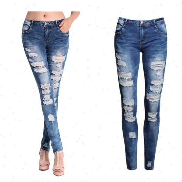 

blue slim ripped skinny womens jean distressed washed stretch denim pants femme plus size 2xl 50