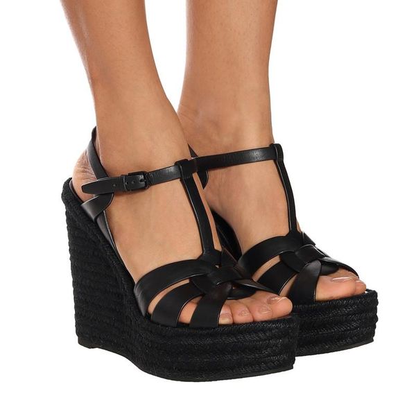 

summer 2021 tribute wedges sandals espadrilles women shoes genuine leather peep toe t-strap high heels platform dress, Black