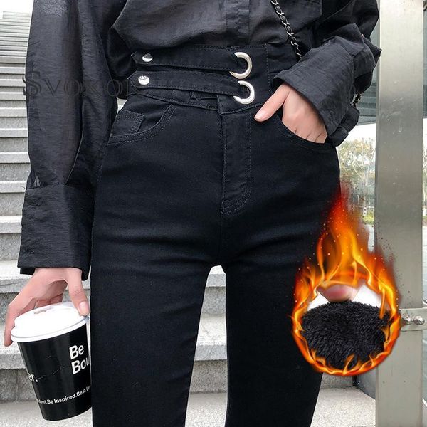 

women's pants & capris svokor women plus velvet thickening high waist denim slim warm winter thin female pencil, Black;white