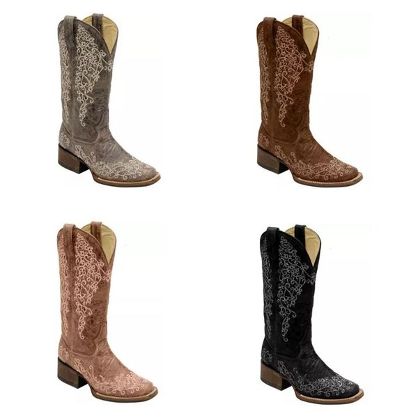 

large women's boots 2021 european and american autumn winter leather embroidered printed thick heel square head medium cylinder knight, Black