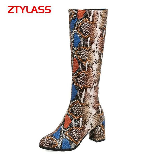 

boots 2021 fashion snake print knee high autumn women square heel long zipper winter shoes big size 33-45, Black