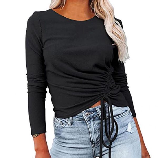 

women's t-shirt women autumn solid color t shirt drawstring long sleeve shirring round neck ladies tunic clothing streetwear, White