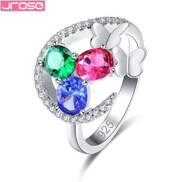 

cluster rings jrose butterfly jewelry exquisite green blue white red yellow colorful cubic zircon silver ring size 6 7 8 9 christmas, Golden;silver