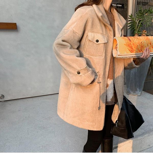 

Women's Fur & Faux Winter Imitation Coat Stylish Mid-length Loose Outwear Drawstring Waist Large Size Thick Warm Jacket C-174 RZZU, Black