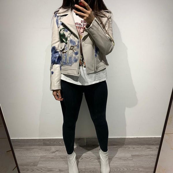 

women's leather & faux ladies printed genuine jacket women real, Black