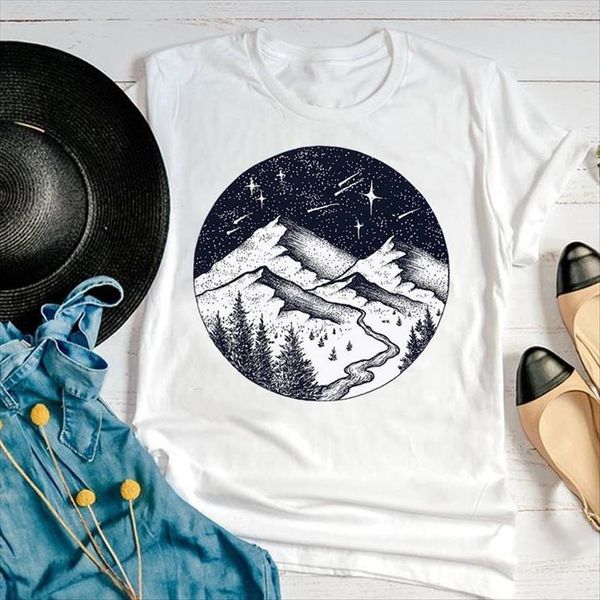 

graphic mountain star peace cute womens fashion printing short sleeve summer print female clothes tees t shirt, White