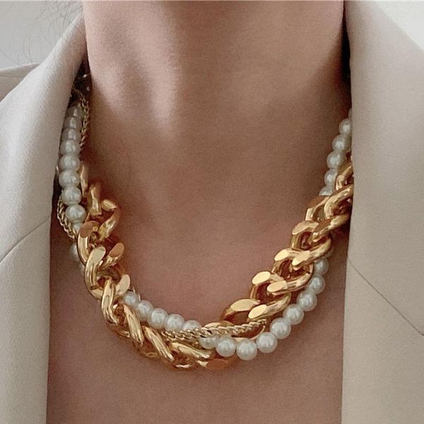 

pendant necklaces lovoacc hip hop multi layers chunky cuban chain chokers for women simulation pearl beaded necklace jewelry, Silver