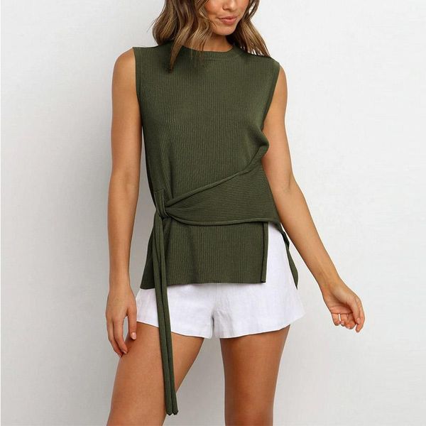 

women's t-shirt women summer clothes casual solid color round neck sleeveless bandage irregular, White