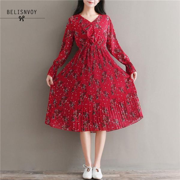 

casual dresses spring autumn women sweet dress ruffles tied v-neck mori girl elegant slim party vestidos floral printed chiffon pleated, Black;gray