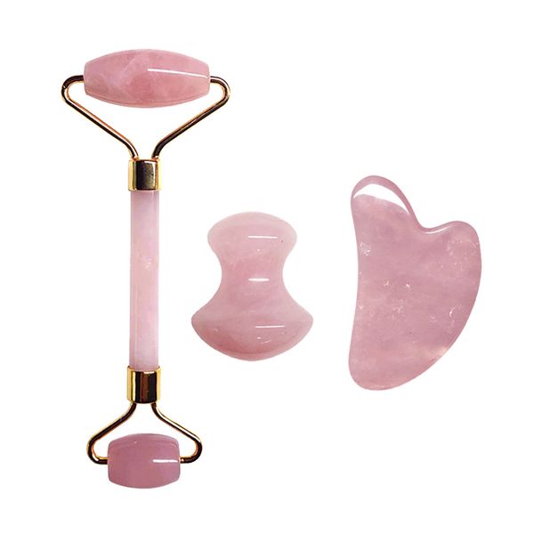 

3pcs/set natural rose quartz jade roller real gouache jade gua sha board massager face lifting tool facial guasha massage kit
