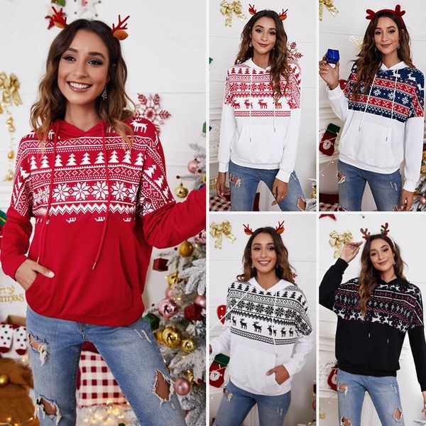 

women's hoodies & sweatshirts christmas loose hoodie classic holiday pattern elk snowflake print pullover sweater kawaii couple casual, Black