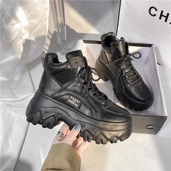 

autumn/winter high thick outsole platform shoes women casual sneakers boots daddy, Black