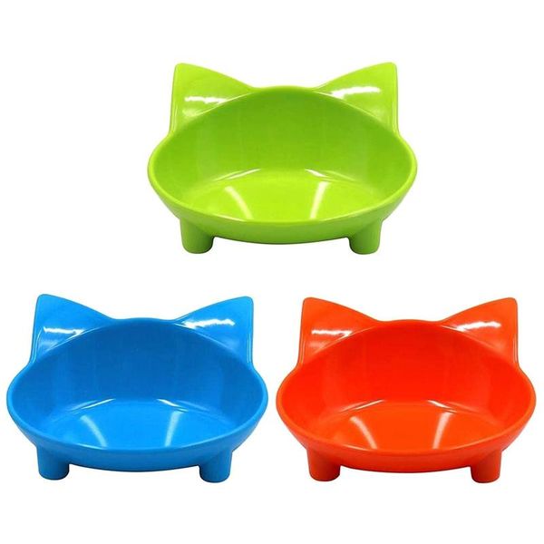 

cat bowl, non-slip pet feeding shallow wide flat water bowl and dish, three-piece set (green, blue, orange) bowls & feeders