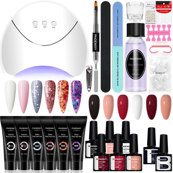 

nail art kits phoenixy kit with 36w/48w/54w uv led lamp tools semi-permanent manicure set 6pcs polish gel and poly