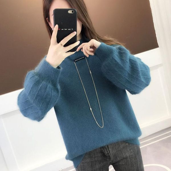 

women's sweaters women turtleneck pullover sweater 2021 fall winter fashion casual korean thick puff sleeve knitted jumper lady sueter, White;black