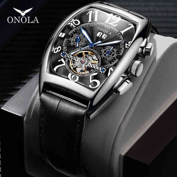 

2021 onola fire automatic mechanical men's watches fashion business unique leather strap high-quality poison men's, Slivery;brown