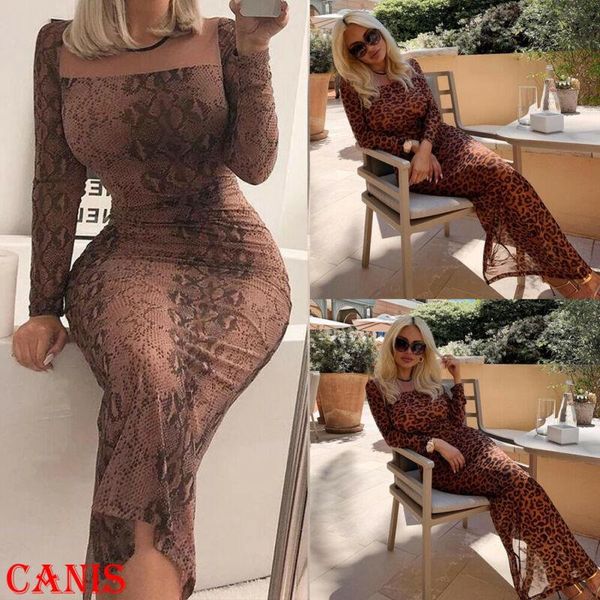 

women wrap long sleeve leopard printed slim bandage bodycon jumper midi gown dress split evening party club dresses casual, Black;gray