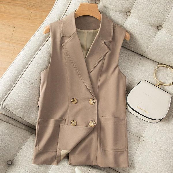 

women's vests 2021 women spring casual solid chic vest female notched double breasted suit sleeveless lady vintage pockets waistcoat i8, Black;white
