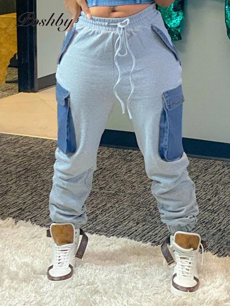 

poshby high waist trousers cargo pants 2021 sporting streetwear casual women sweatpant cotton pockets joggers long leggings women's & c, Black;white