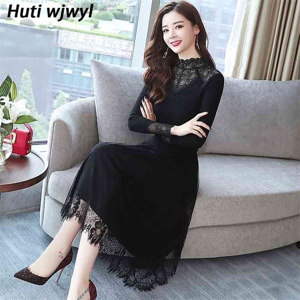

autumn winter knitting cotton vintage vestidos plus size women bodycon casual black velvet dress party lace midi 210528, Black;gray