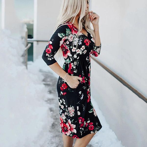 

casual dresses 2021 autumn and winter printed v-neck pocket dress female long-sleeved european american style commuter, Black;gray