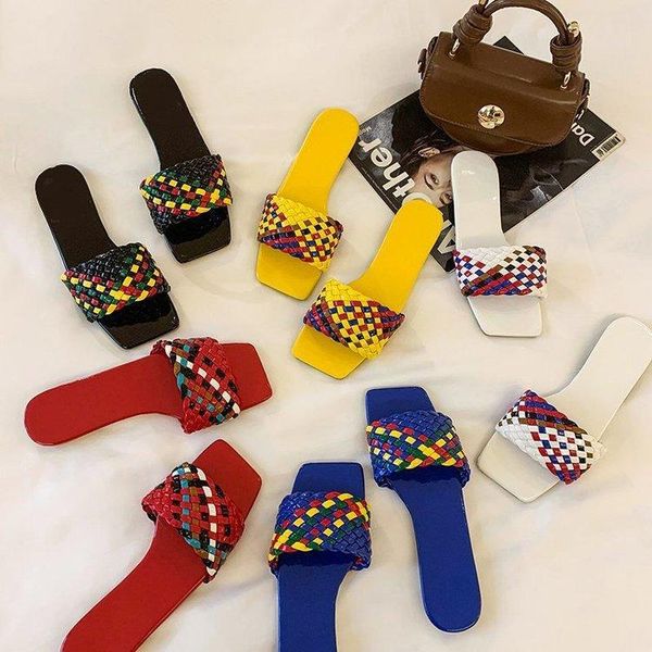 

women's slippers summer females weave open-toe flat casual sandals ladies color matching outdoor beach, Black