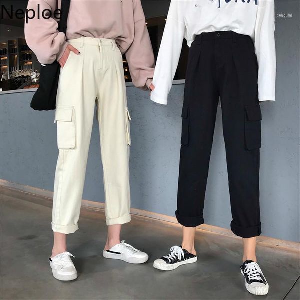 

neploe jeans women cargo pants korean high waisted ankle trousers 2021 causal bf style demin straight femme 4d2291, Black;white