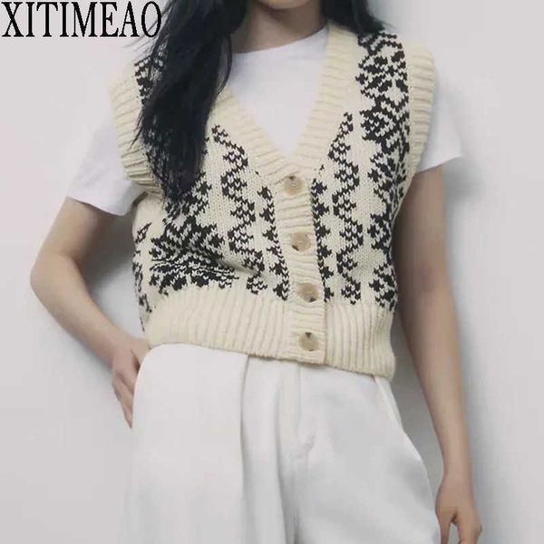 

za women fashion knitted cardigan vest sweater v-neck sleeveless printing loose female waistcoat chic xitimeao 210602, White
