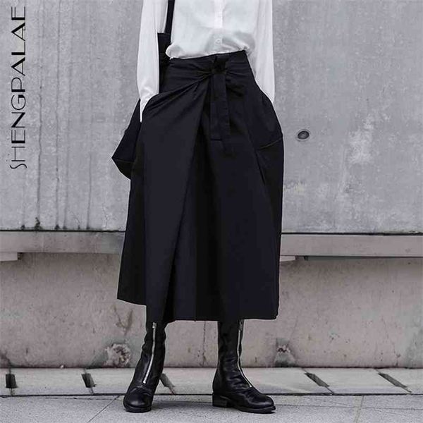 

lace up irregular skirt women's spring high waist handsome black loose mid-calf female fashion 5b563 210427