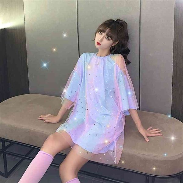 

korean loose round neck hollow out short-sleeved t-shirt gradient color nets yarn splice mid-length female summer pullover 210401, White