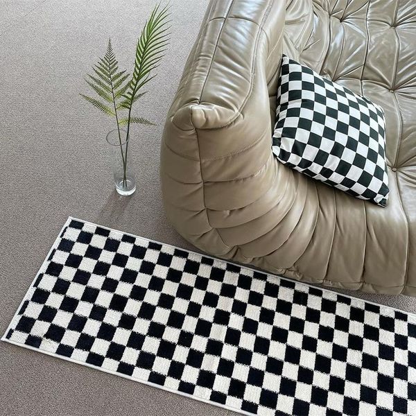 

carpets modern style vintage black and white plaid runner rug , ins popula decorative geometric bedside carpet soft fleece floor mat