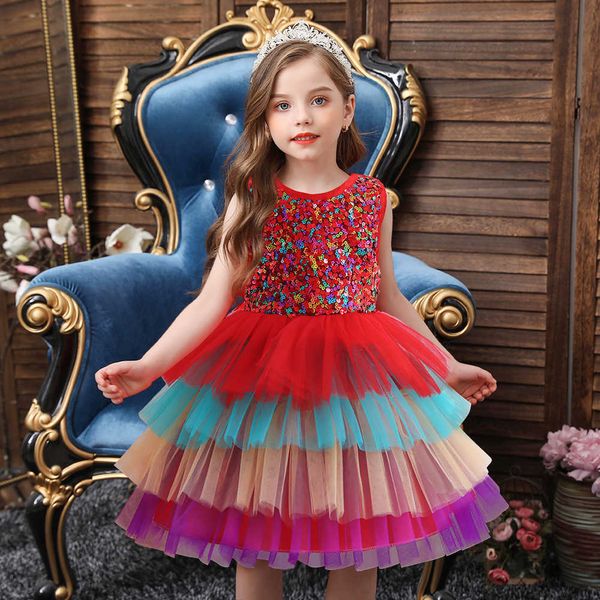 

2021 jewel neck princess children' dress a line sequin cake puffy skirt mesh girls' dresses, White;blue