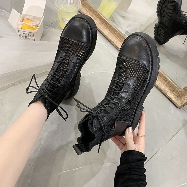 

boots women's boots with solid black leather, women's shoes zipper and shoelace, plus size 5jjp