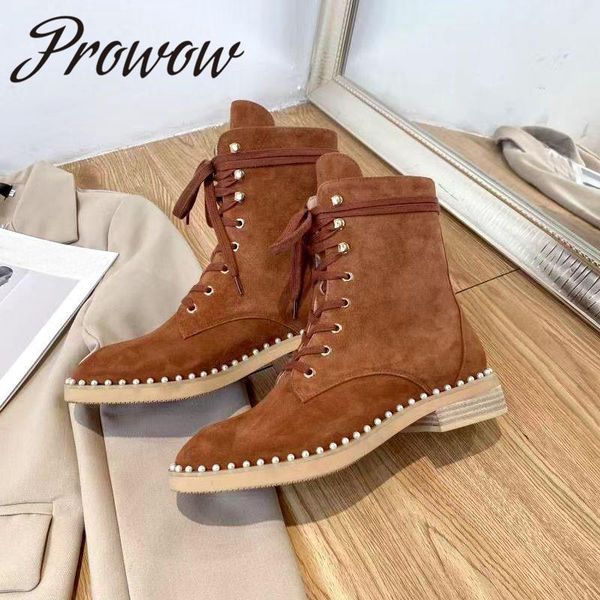 

boots prowow autumn winter khaki pearl beading lace up ankle round toe low heel short comfortable shoes women, Black