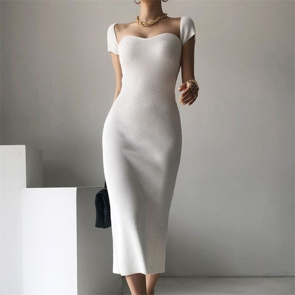 Koreanische Dünne Weiß Schwarz Split Lange Pullover Kleid Frauen Quadrat Kragen Kurzarm Sexy Stricken Weibliche Mode Sommer 210514