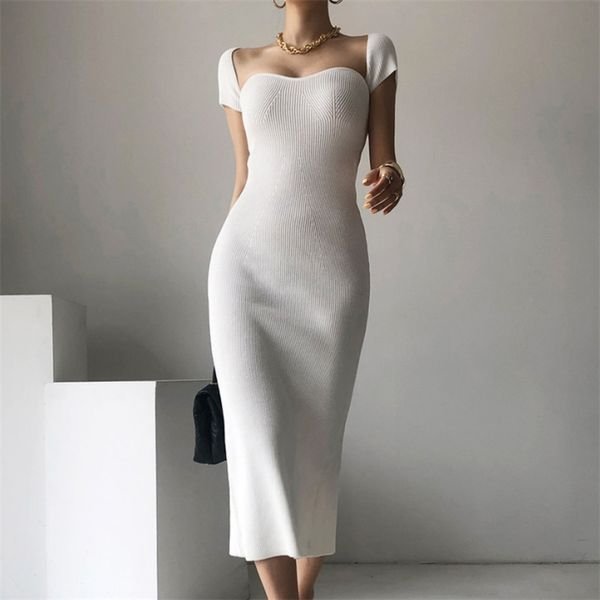 

korean slim white black split long sweater dress women square collar short sleeve knitting female fashion summer 210514, Black;gray