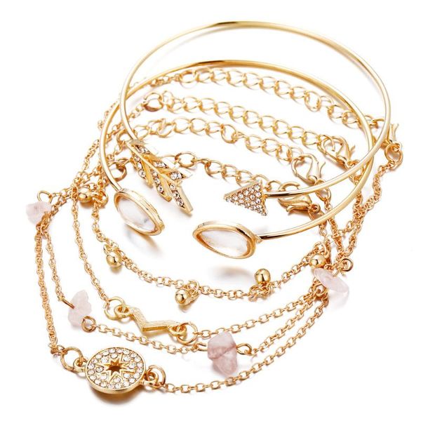 

6pcs/ set fashion water drops v shaped compass crystal beads chain pendant multilayer bracelet women charm adjustable jewelry bangle, Black