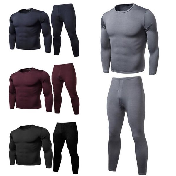 

men's tracksuits men thick inner wear thermal long johns pajama set winter warm underwear solid +pants, Gray
