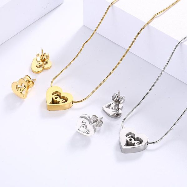 

earrings & necklace minar unique design stainless steel love heart pendant for women exquisite letter hollow stud earings jewelry, Silver