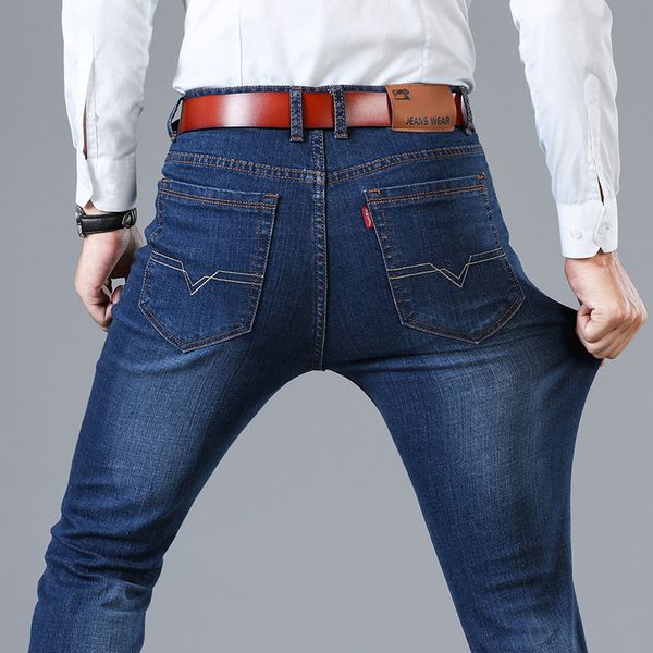 

men's spring stretch slim jeans straight tube loose casual fashion brand black pants korean, Blue