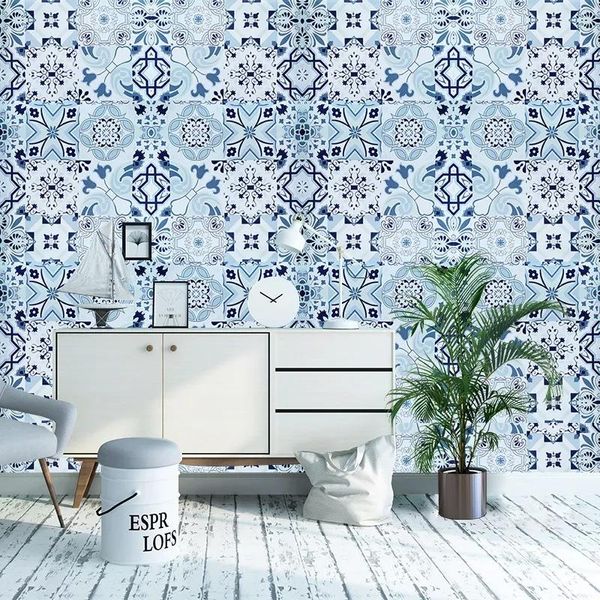 Papéis de parede padrão azul de contato de papel impermeável auto adesivo para cozinha casa de banho removível casca e vara papel de parede decoração