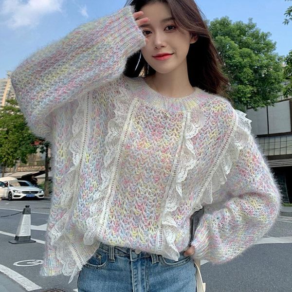

women's sweaters spring fall cute loose pullover women sweet lace patchwork knitted sweater korean fashion kawaii knitwear girly, White;black
