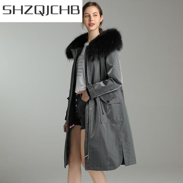 

women's fur & faux jcgb 2021 winter clothes women coat female natural raccoon collar hooded rex long woman parkas, Black