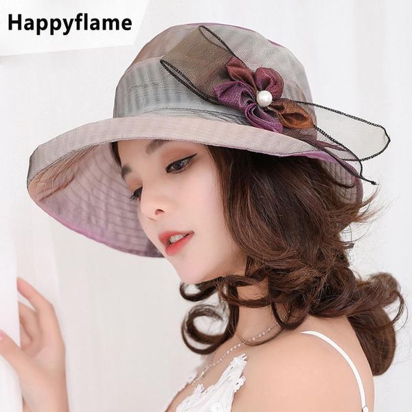 

wide brim hats women hat with pearl flower foldable fashion anti-uv sun beach sombreros de mujer gift, Blue;gray
