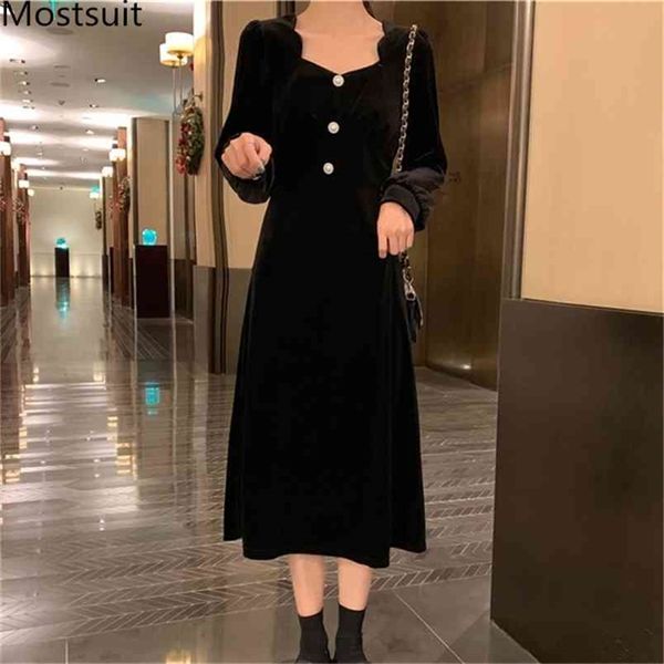 Vestido de veludo preto vestido de manga completa V-pescoço v vestidos elegante vintage feminino vestidos femme m-4xl plus size 210513